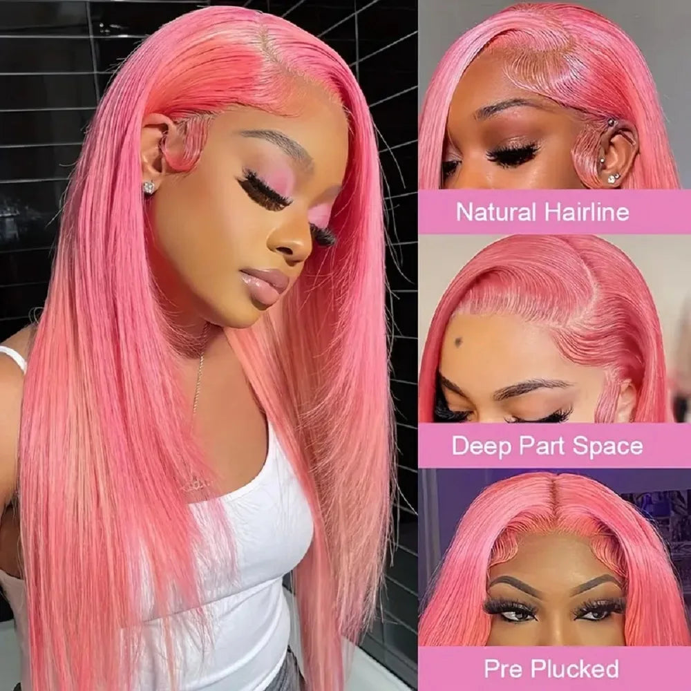Pink Straight Human Hair Wigs 13X6 13X4 Hd Lace Frontal Wigs 200 Density 32 Inch Brazilian Transparent Lace Front wig Preplucked