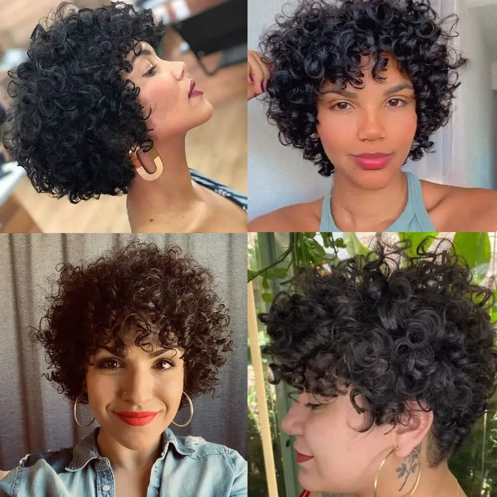 Brazilian Afro Puff Pixie Bob Wig Natural Full Machine Made Pre-Plucked Bangs 100% Human Hair For Black Women