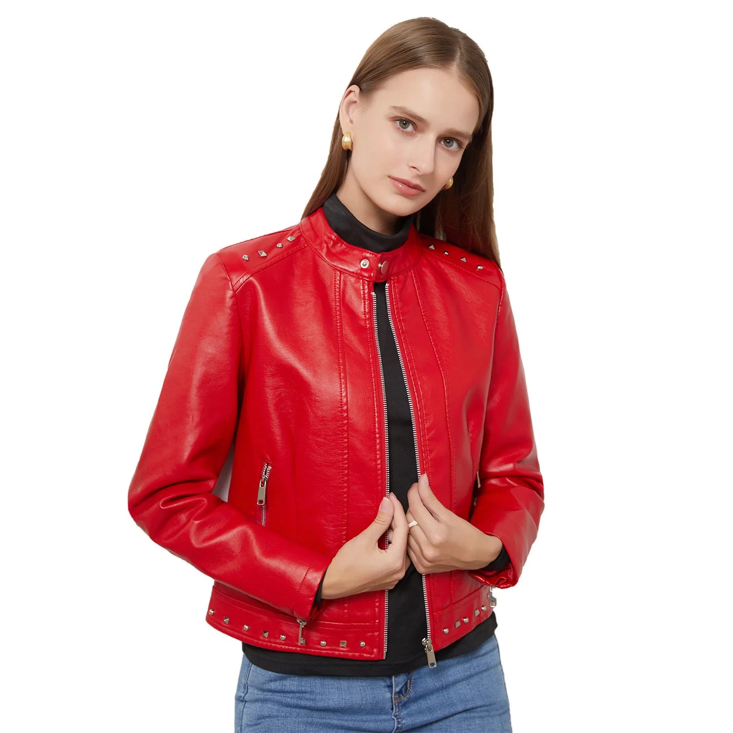 Women's Riveted Leather Coat with Standing Collar, Casual Jacket, Motorcycle Clothing, Spring and Autumn, Large leather jacket