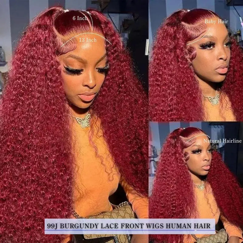 220 Density 99j Burgundy 13x6 HD Lace Frontal Human Hair Wig Pre plucked Colored Brazilian Deep Wave Curly Human Hair Wig