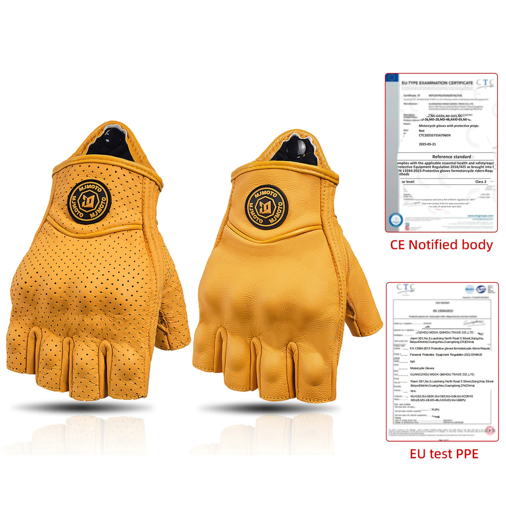 MJMOTO Retro Leather Motorcycle Half Finger Gloves Touchscreen Motocross Gloves Hard Shell Protection Motorbike Glove Breathable
