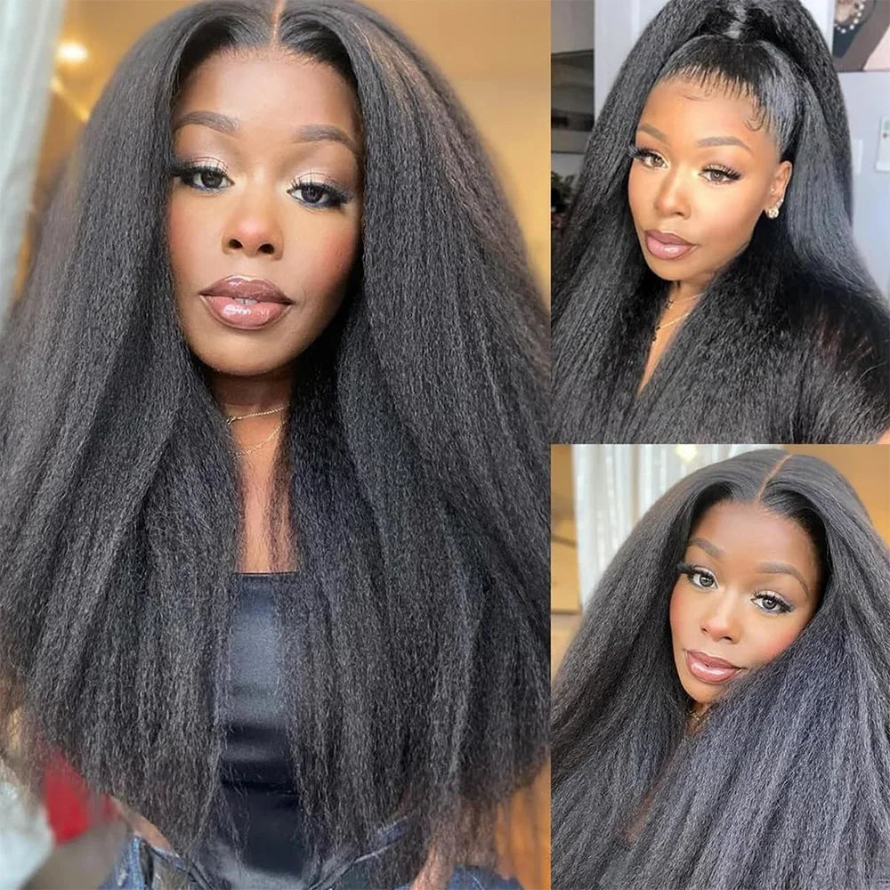 Kinky Straight V Part Wig 12-32 Inch Glueless Wig Human Hair Yaki Straight Ready To Wear Remy Hair Wigs 200 Density No Lace Wigs