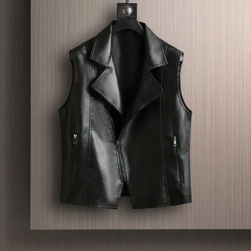 Spring Autumn New Fashion Trend Motorcycle Leather Vest Jacket Women's Suit Collar Sleeveless Coat Lady Short Zipper Jackets