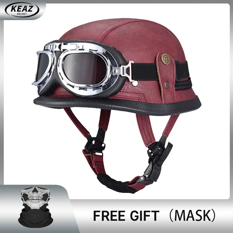 Factory Price Motorcycle German Style Leather Half Face Helmet DOT Approved Cap1/2 Shell Helmets+Goggles Open-Face Casque