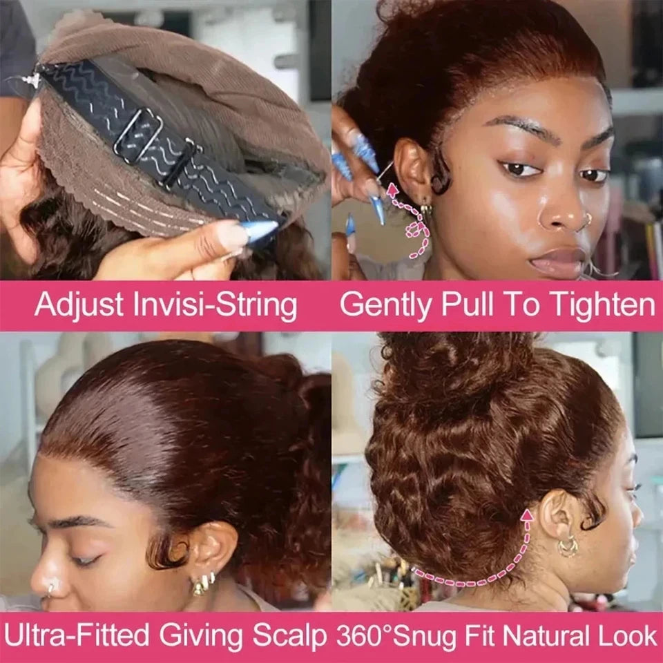 Heyju Invisible Strap HD 360 Lace Front Wigs Human Hair Chocolate Brown Curly 360 Full Lace Drawstring Human Hair Glueless Wigs