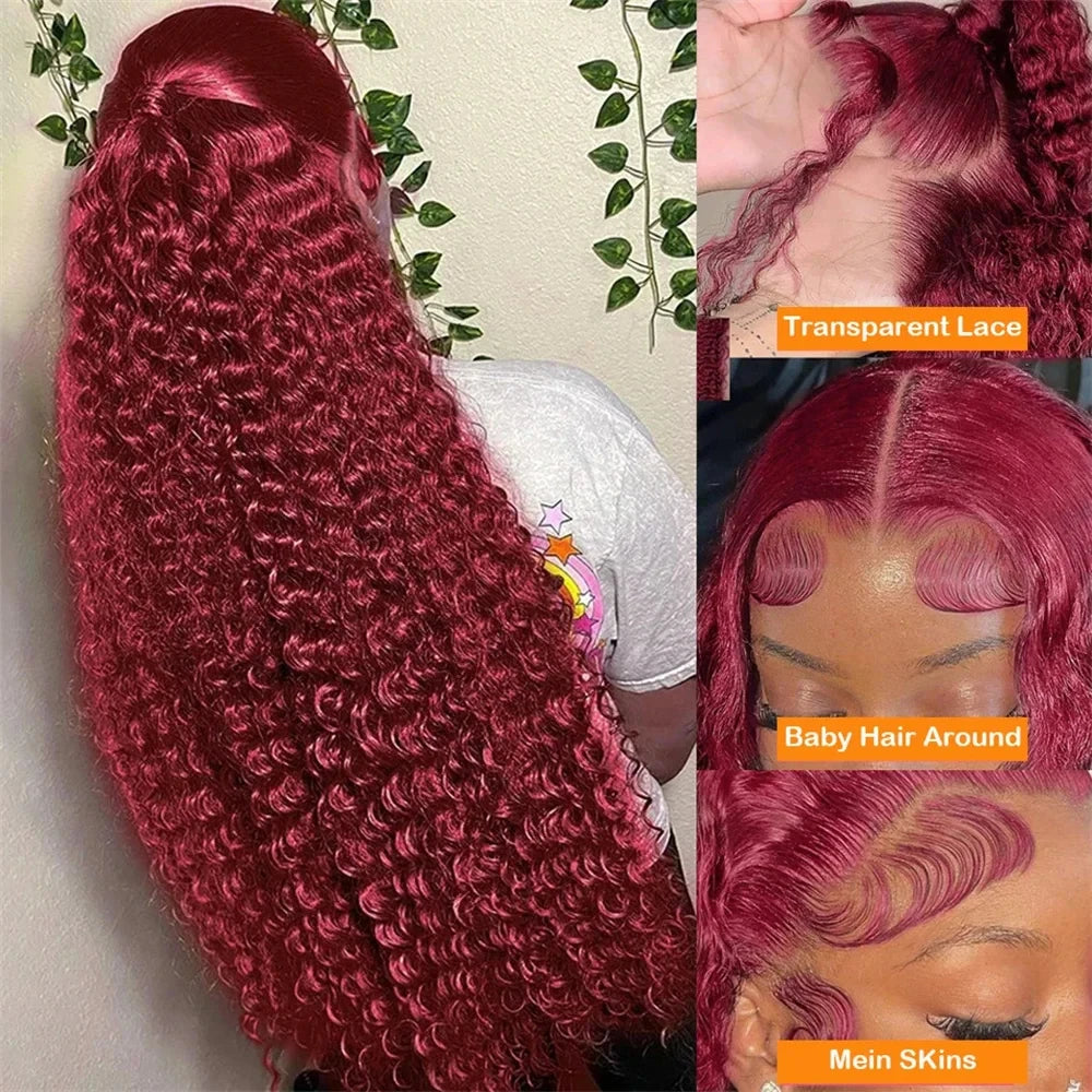 Hd Transparent 13x4 13x6 Frontal Lace 99j Burgundy Preplucked Colored Deep Wave Frontal Lace Human Hair Wigs For Women 30 Inch