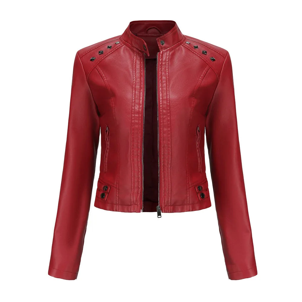 KIDCRKJ Spring Autumn Women's Leather Jacket Female Riveted Stand Collar Casual Coats Women's Motorcycle Jacket Women's Clothing