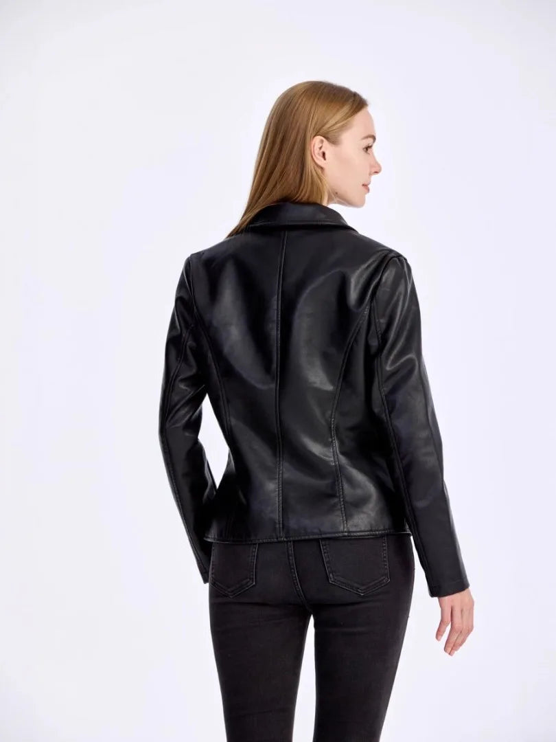 Korean version lapel PU leather jacket, women's slim fit, thin motorcycle suit jacket, autumn jacket, women's clothing