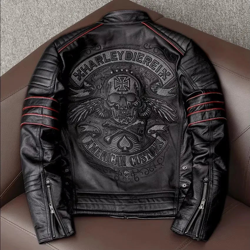 Men's Spring Original Leather Motorcycle Jacket 2025 Skull Embroidery Top Layer Cowhide Clothing Slim Fit Black Slim Male Coat