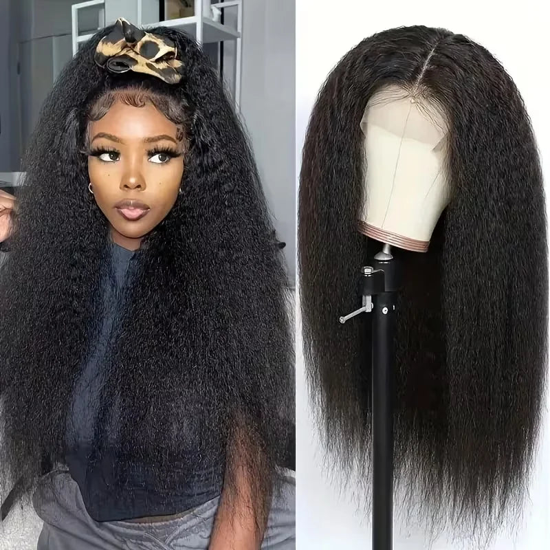 Invisible Strap 360 Hd Full Lace Wig Kinky Straight Human Hair Wigs Natural Color 220% Density Drawstring Snug Fit Glueless Wigs