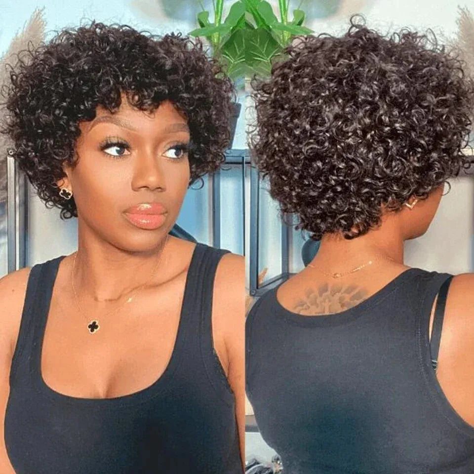 Brazilian Afro Puff Pixie Bob Wig Natural Full Machine Made Pre-Plucked Bangs 100% Human Hair For Black Women