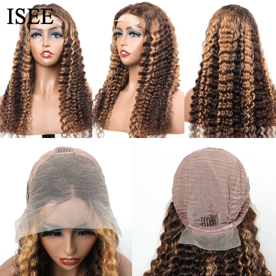 Ombre Deep Wave Frontal Wig 4/27 Highlight Human Hair Wigs Brazilian Deep Wave Lace Wig ISEE HAIR 4X4 Lace Closure Wig For Women