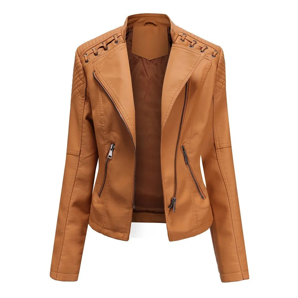 Spring Autumn Women's Clothing Slim Fit PU Leather Jacket For Woman Motorcycle Biker Style Short Coat With Notched Collar