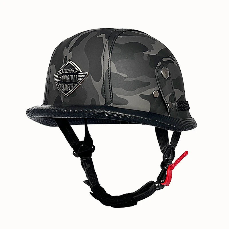 Vintage leather WWII-style black riding helmet, unisex open-face half helmet for German motorcycles, factory direct sales.