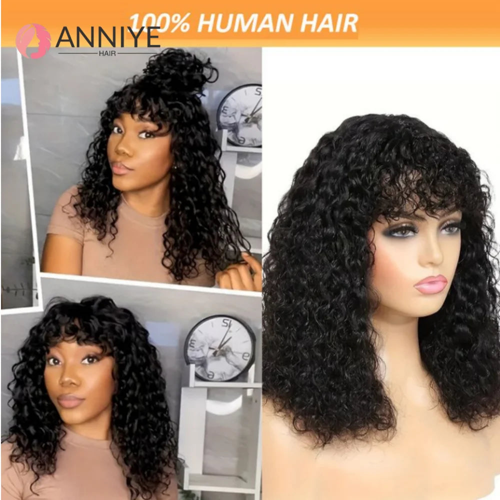 Water Wave Human Hair Wigs For Women Glueless Short Kinky Curly Bob Wig With Bangs Perruque Cheveux Humain Full Machine Made Wig