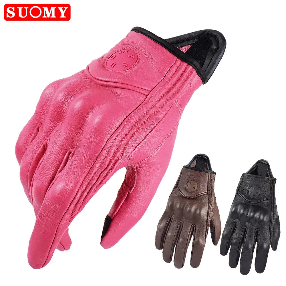 Suomy Vinatge Goatskin Motorcycle Gloves Summer Men Brown Retro Leather Motorbike Motocross Glove Lady Motorcyclist Guantes