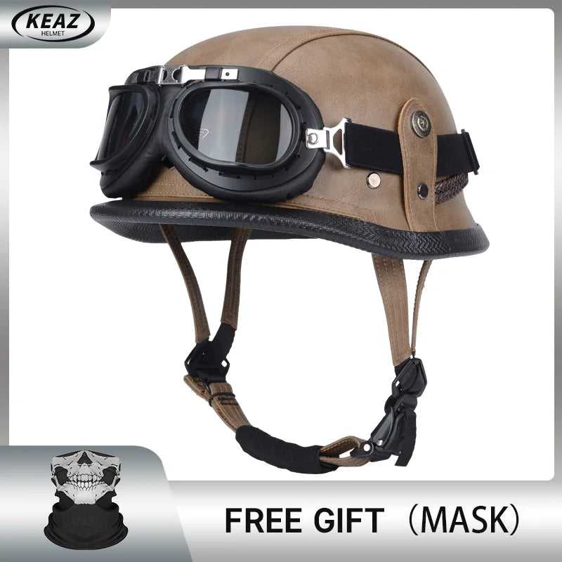 Factory Price Motorcycle German Style Leather Half Face Helmet DOT Approved Cap1/2 Shell Helmets+Goggles Open-Face Casque