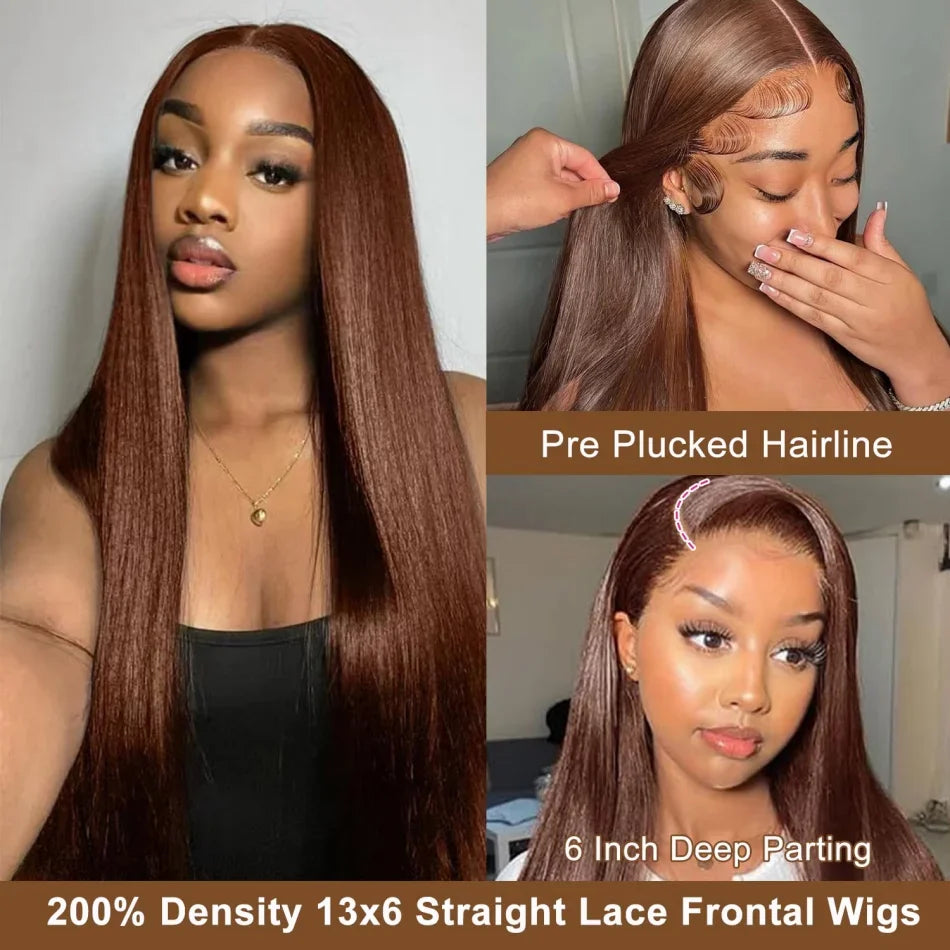 HD Chocolate Brown 13x4 Straight Lace Front Wig Brazilian 13x6 Lace Frontal Wigs For Women 100% Remy Human Hair Wig Pre Plucked