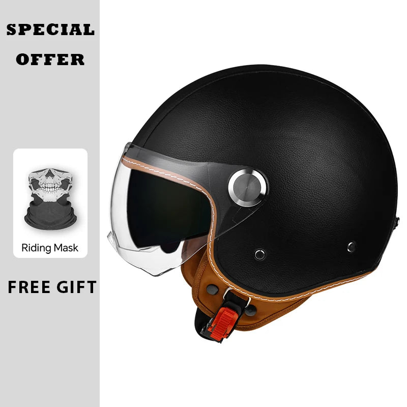 Black Leather Open Face Motorcycle Helmets Men Women Vintage Jet Moto Helmet DOT Retro 3/4 Half Helmet Pedal Personality Scooter