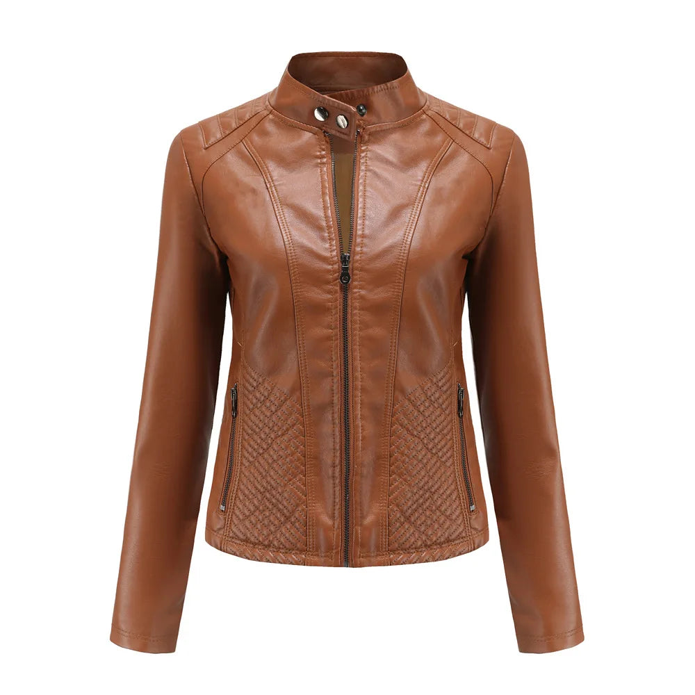 Women's Long Sleeved Zipper Motorcycle Jacket, Casual Leather Jacket, Simple and Trendy Clothing, Autumn and Winter popular