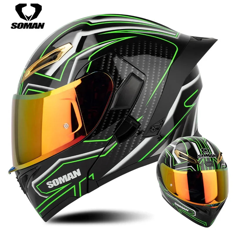 SOMAN Full Face Helmet Dual Lens Flip Up Motorcycle Helmets Casco Accessories Men Women Casque Moto Racing DOT Approved Visor