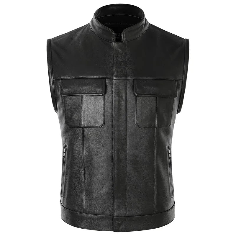 Men Real Leather Vest Motorcycle Biker High Quality Vest Genuine Leather Cowhide Sleeveless Jackets Waistcoat Stand Collar 5XL