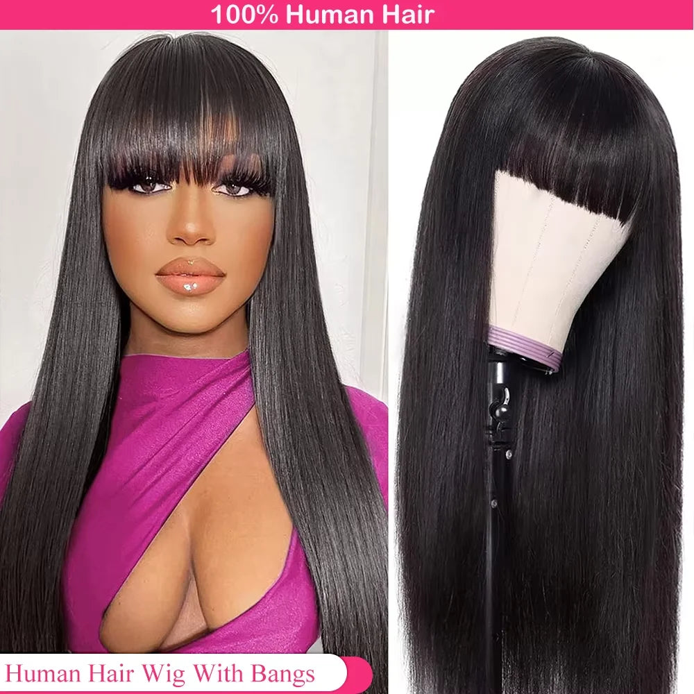3x1Middle Part Lace Wig Bone Straight Human Hair Wig With Bangs Full Machine Made 30 36 Inch Body Wave Human Hair Wig with Bangs