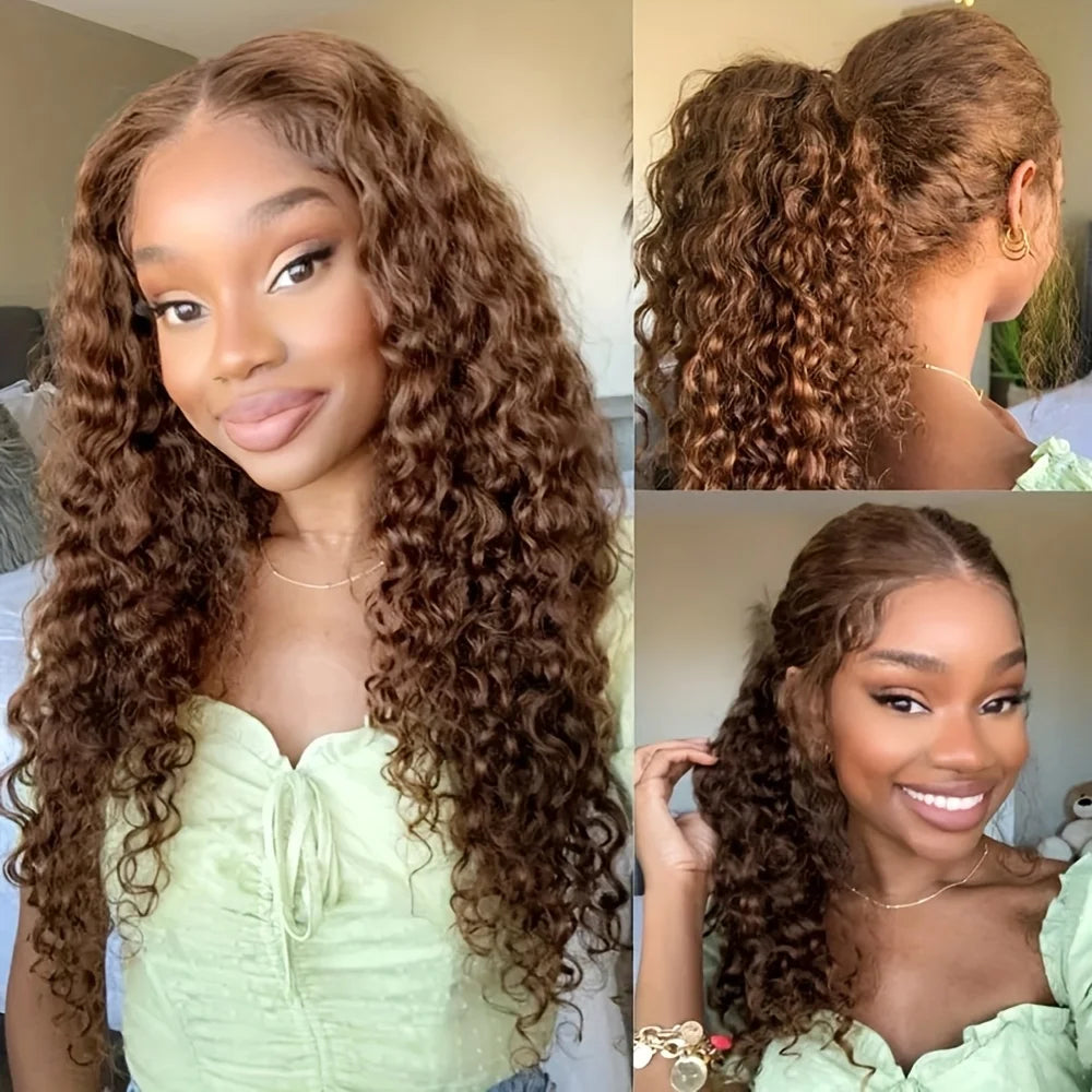 Heyju Invisible Strap HD 360 Lace Front Wigs Human Hair Chocolate Brown Curly 360 Full Lace Drawstring Human Hair Glueless Wigs