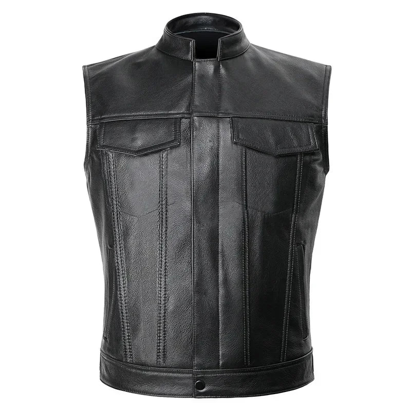FashionThe Latest Solid Color Vest Motorcycle Standing Collar Leather Vest for Men Pu Leather Coat