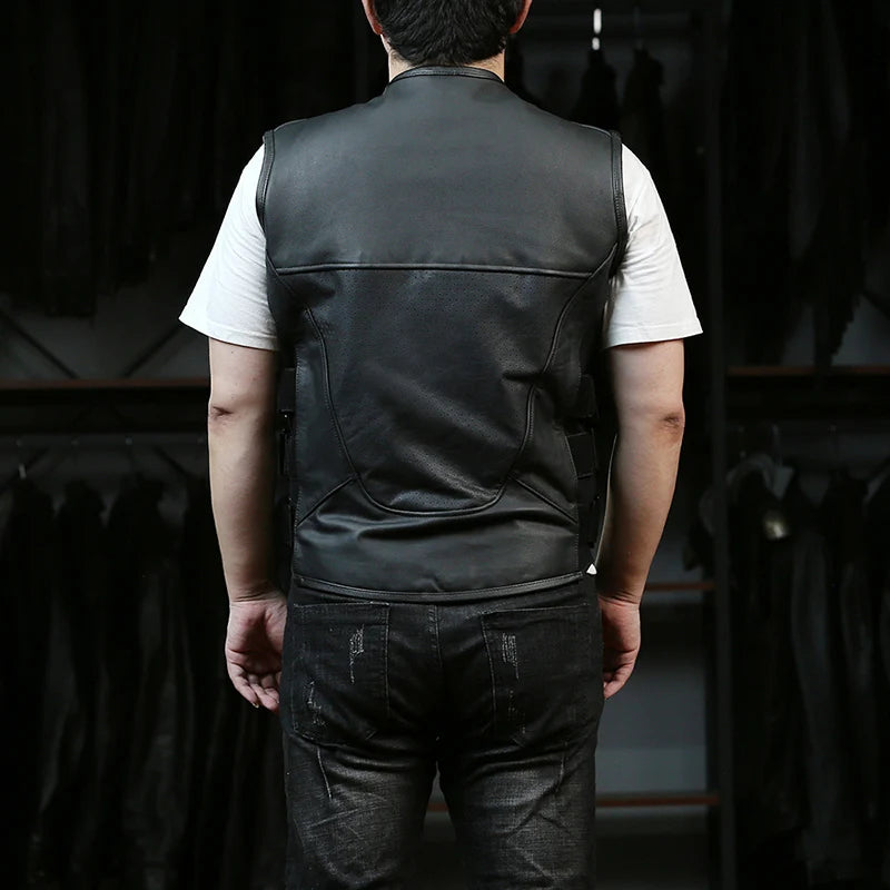High Quality New Men's Sleeveless Jacket Motorcycle Riding Adjustable Waist Genuine Leather Vest Cowhide Waistcoats