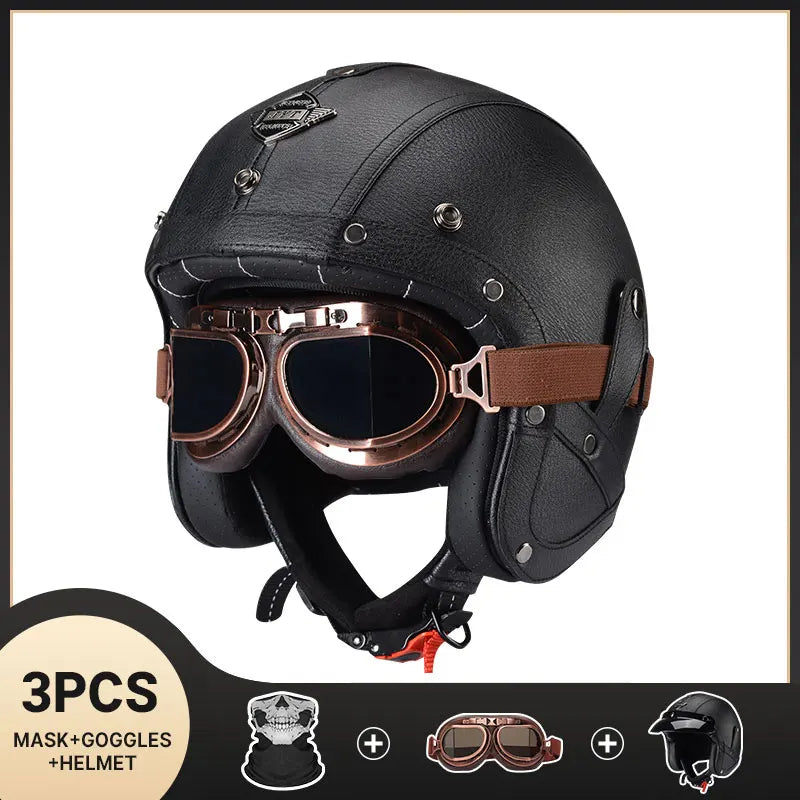 DOT Approved Vintage Leather Motorcycle Helmet Retro Open Face Chopper Casque Capacete Motorbike De Moto Masculino Casco Moto