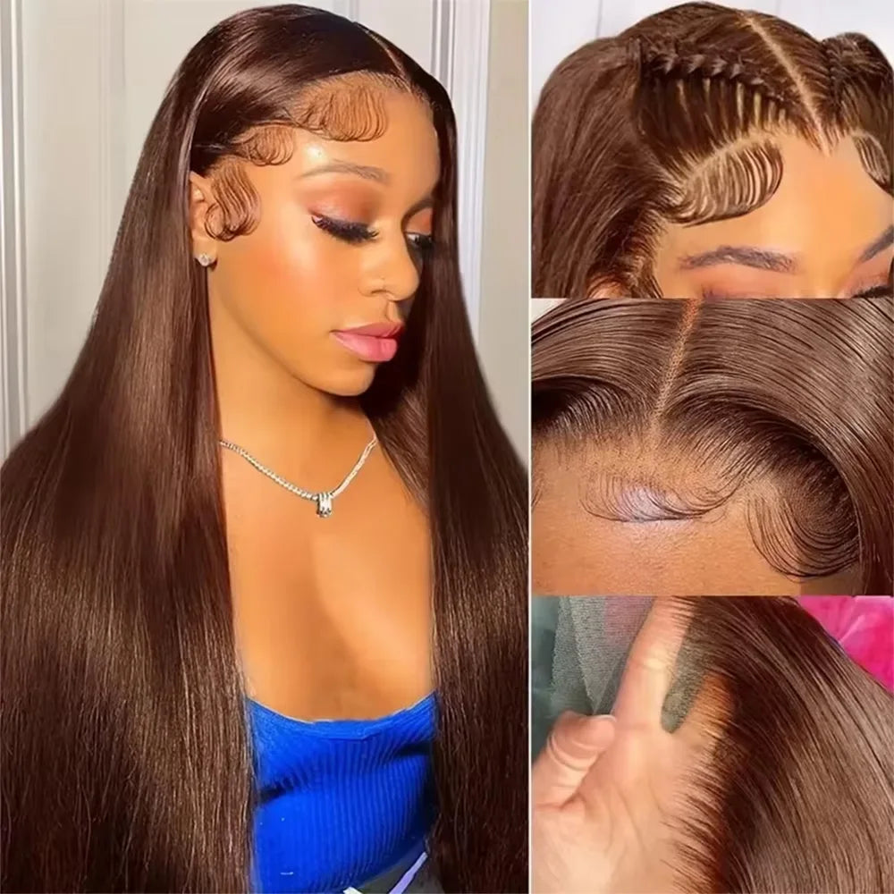 Chocolate Brown Straight Human Hair Wig 46 Inches 13x6 Transparent HD Lace Frontal Pre Plucked Natural Hairline Wig For Women