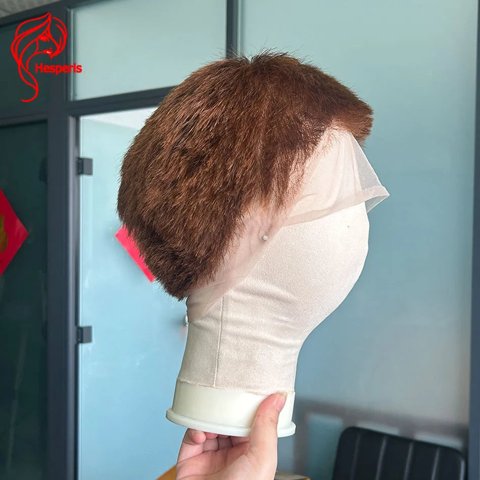 Hesperis Natural Brown Buzz Cut Full Lace Wig for Men Brazilian Remy Short Human Hair Pre-Plucked Wig #4 Color Male Wigs
