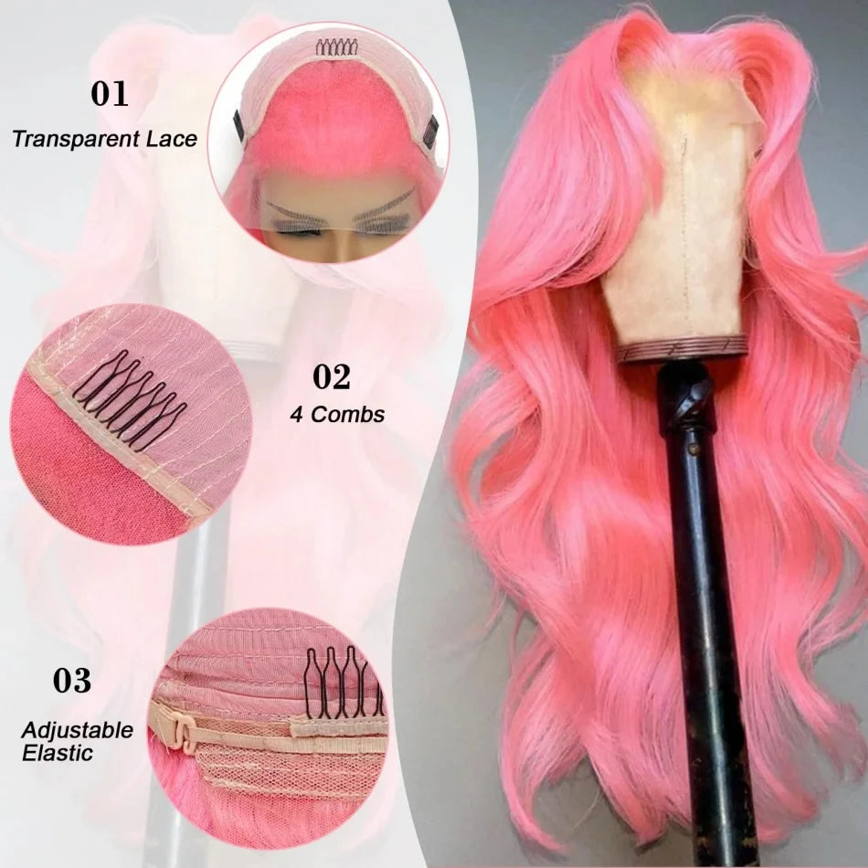 Brazilian Colored 38 Inch Lace Front Wigs Pink Wig Body Wave Human Hair Wigs 100% 13X6 Hd Lace Frontal Wig 220 Density For Women