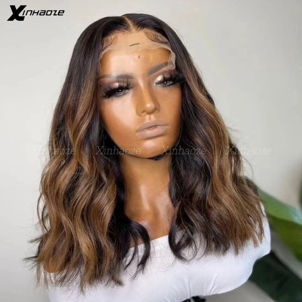 Short Bob Natural Wave Wig 13x6 Lace Frontal Wigs Dark Brown Highlight Wig Human Hair for Women Remy Hair 5x5 Silk Base Top Wigs