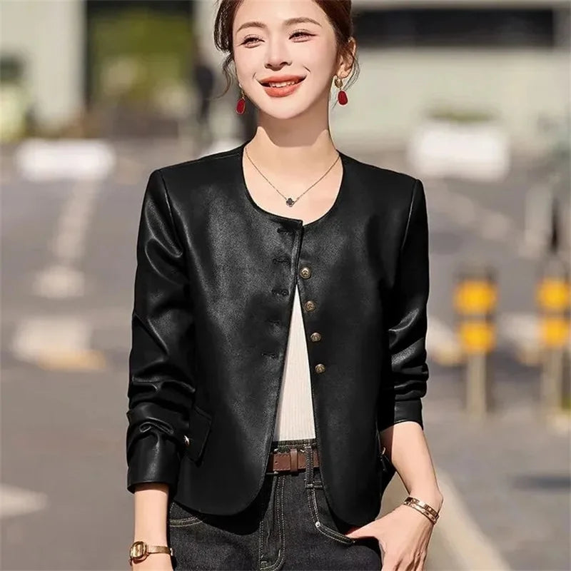 Leather Jacket for Women 2026 Spring Autumn New Retro Fashion Casual Round Neck Short LeatherCoat Motorcycle Clothing Female