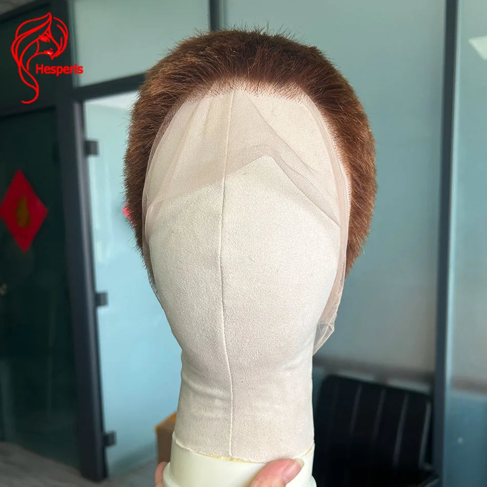 Hesperis Natural Brown Buzz Cut Full Lace Wig for Men Brazilian Remy Short Human Hair Pre-Plucked Wig #4 Color Male Wigs