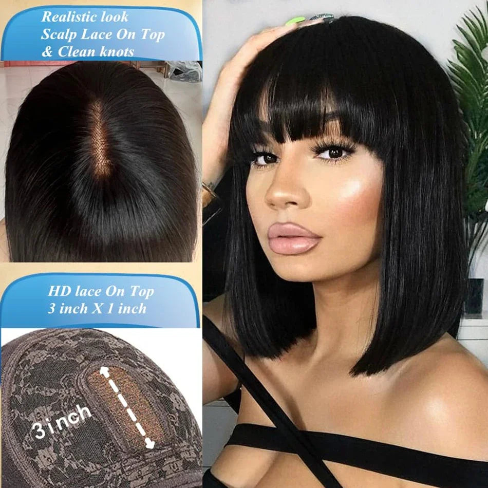 3x1Middle Part Lace Wig Bone Straight Human Hair Wig With Bangs Full Machine Made 30 36 Inch Body Wave Human Hair Wig with Bangs
