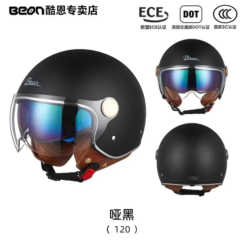 BEON Motorcycle Retro Style Helmet Electric Bike Riding Three-quarters Half Helmet Lightweight Dual Lens Safety Helmet