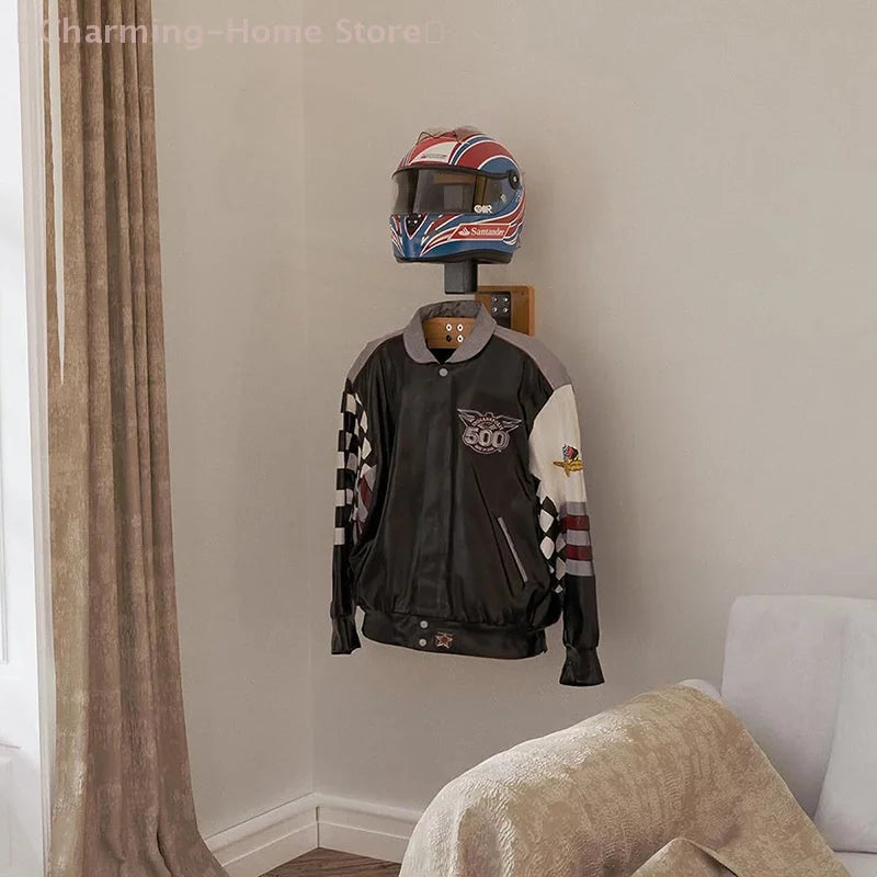 Black Walnut Helmet Holder 2-in-1 Helmet Racing Suit Hanger Motorcycle Helmet Mount Rack For Vest Equipment Solid Wood Hangers