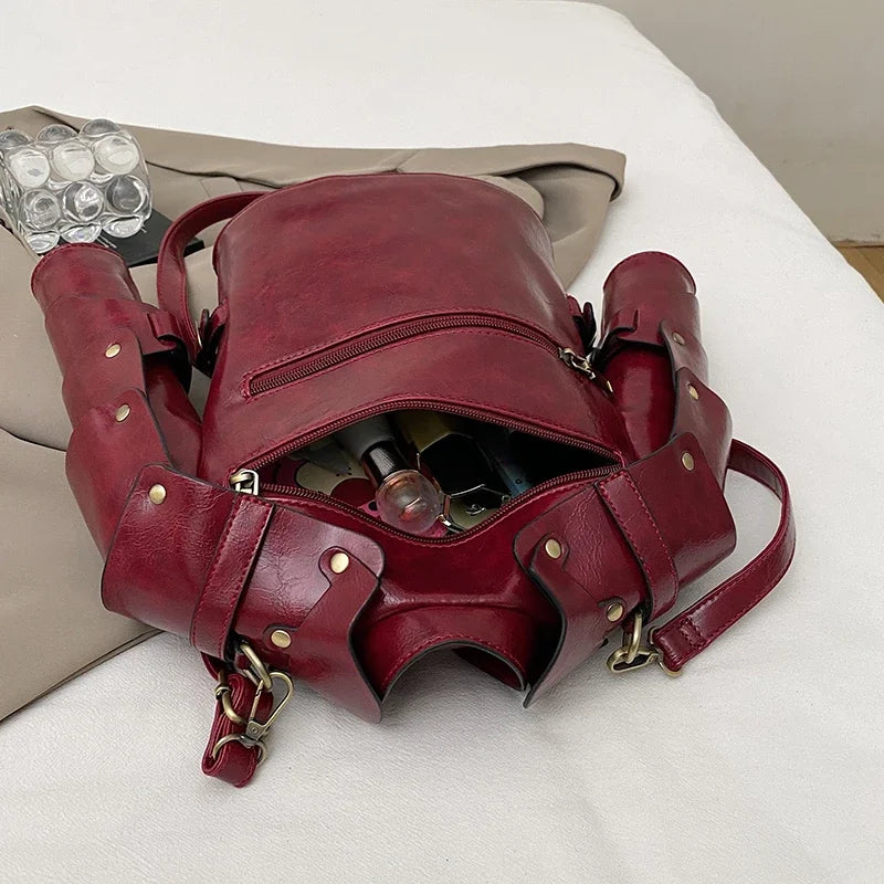 European Brand Design Tactical  Motorcycle Bags Women Clothing Shoulder Rivet Zipper Jacket Bag Black Leather Messenger Handbag