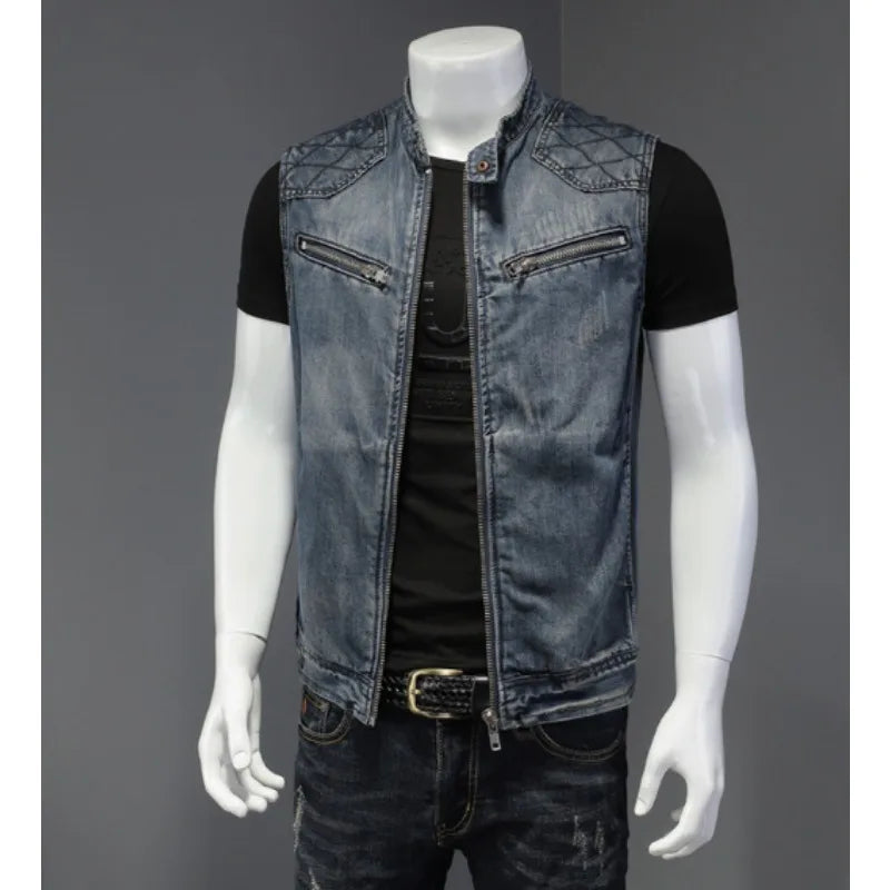 Mens Stand Collar Motorcycle Biker Denim Vest Vintage Zipper Cowboy Wasitcoat Men Casual Cotton Sleevless Jean Jacket Coat