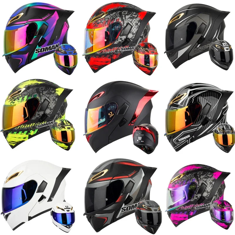 SOMAN Full Face Helmet Dual Lens Flip Up Motorcycle Helmets Casco Accessories Men Women Casque Moto Racing DOT Approved Visor