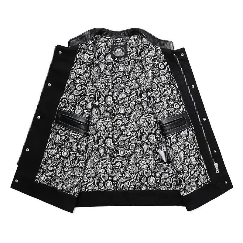 SOA Club Style Motorcycle Leather Vest Men Cowhide Denim Patchwork Waistcoat Sons of Anarchy Biker Vests Man Sleeveless Jacket