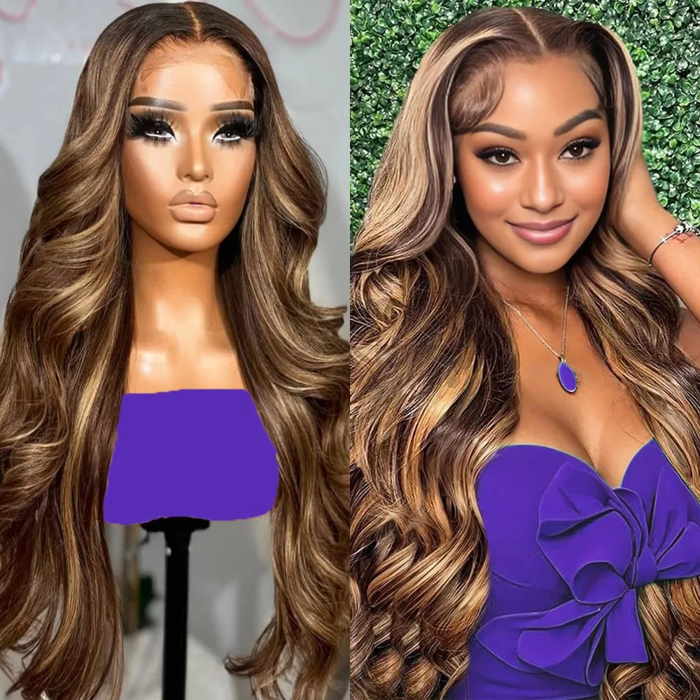 13x6 Body Wave HD Lace Frontal Wigs Colored Highlight Natural Human Hair Wigs For Women Brazilian 4/27 Blonde Pre Plucked Wigs
