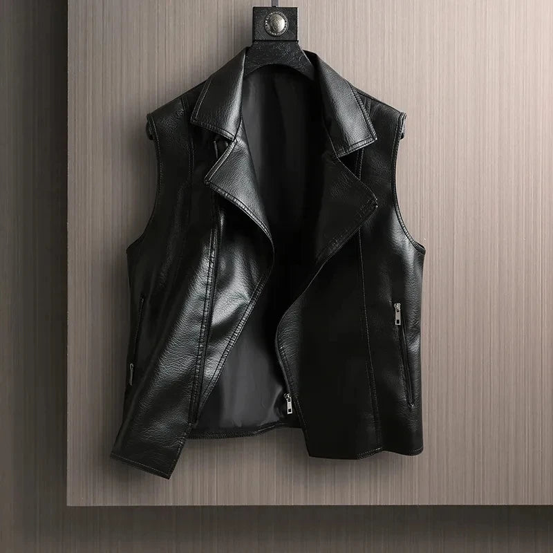 Spring Autumn New Fashion Trend Motorcycle Leather Vest Jacket Women's Suit Collar Sleeveless Coat Lady Short Zipper Jackets