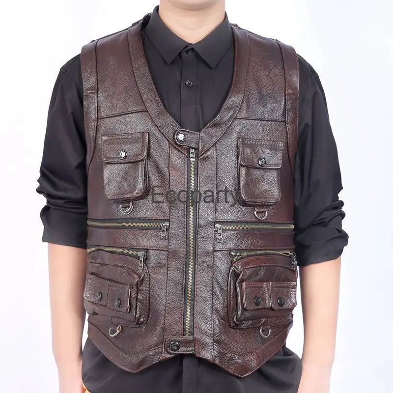 2024 Autumn Winter Leather Vest Men's Zipper Waistcoat Steampunk Sleeveless Motorcycle Jackets Casual Multiple Pockets Coat