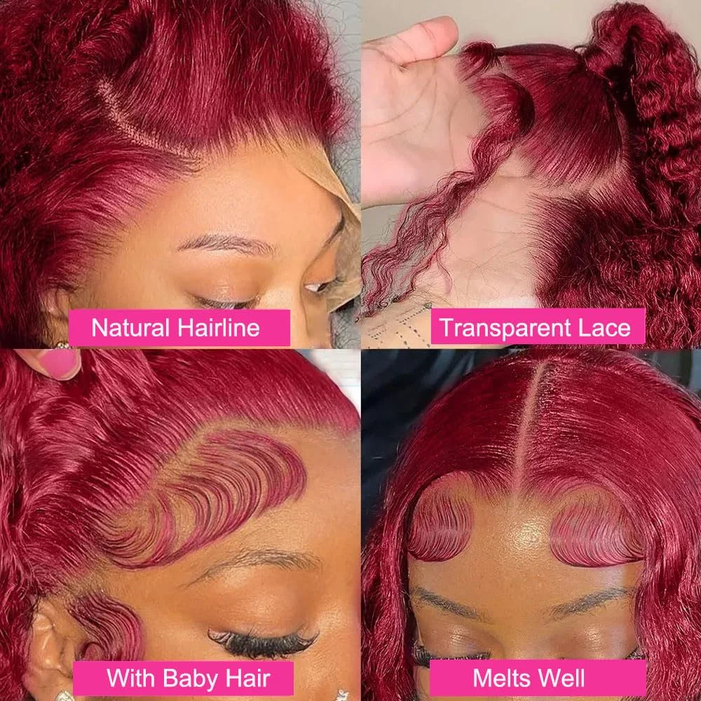 220 Density 99j Burgundy 13x6 HD Lace Frontal Human Hair Wig Pre plucked Colored Brazilian Deep Wave Curly Human Hair Wig