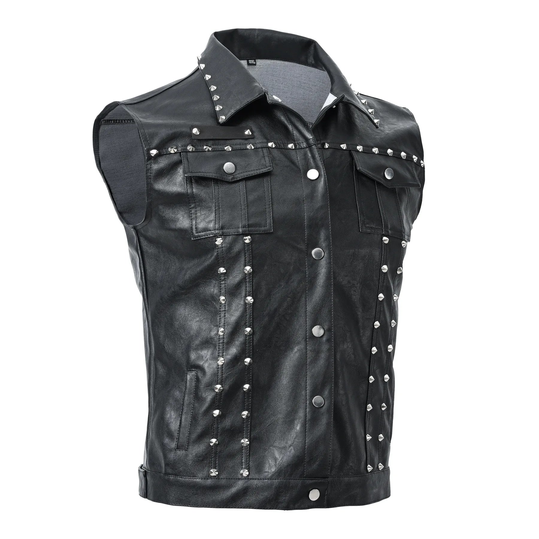 Men's Punk Style Leather Biker Waistcoat With Rivets Fashion High Streetwear Motorcycle Rider Vests PU Sleeveless Jacket