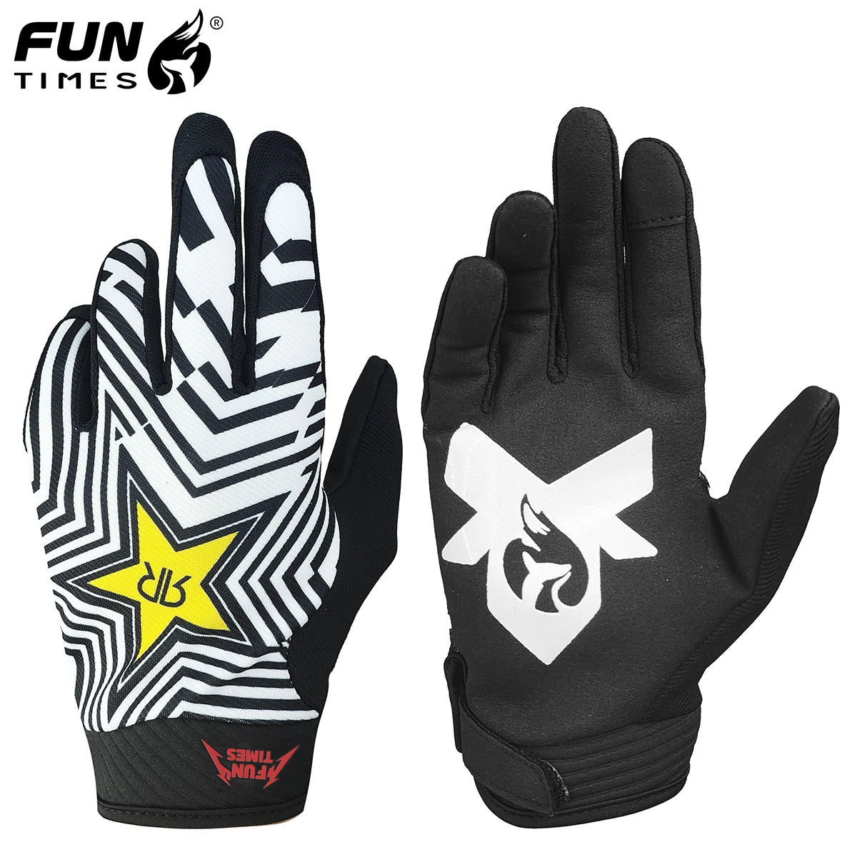 FUNTIMES latest little fox pattern design motorcycle riding full finger gloves black and white striped split finger gloves